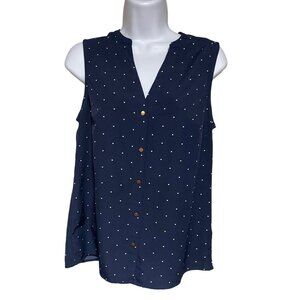A New Day Womens Blouse Womens S Navy Blue Polka Dot Sleeveless Button Down